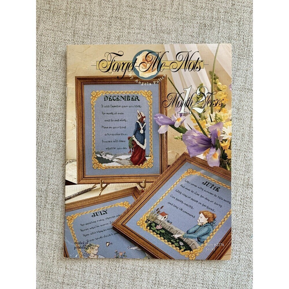 Birth Month counted cross stitch patterns Forget Me Nots 12 Month Verses Angela